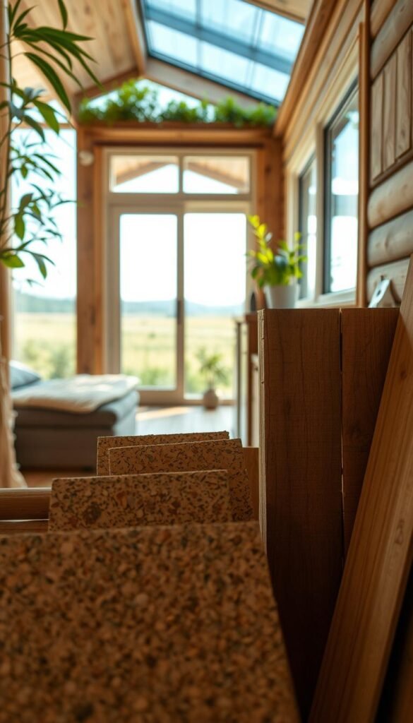 Detailed interior of a sustainable tiny house, showcasing a variety of natural, eco-friendly materials. In the foreground, an arrangement of bamboo, cork, and reclaimed wood building materials. In the middle ground, a partially visible tiny house structure with large windows and a green roof. The background features a serene outdoor landscape with lush greenery and natural lighting filtering in through the windows. The scene conveys a sense of harmony between the tiny house and its surrounding environment, highlighting the principles of sustainable design. Detailed interior of a sustainable tiny house, showcasing a variety of natural, eco-friendly materials. In the foreground, an arrangement of bamboo, cork, and reclaimed wood building materials. In the middle ground, a partially visible tiny house structure with large windows and a green roof. The background features a serene outdoor landscape with lush greenery and natural lighting filtering in through the windows. The scene conveys a sense of harmony between the tiny house and its surrounding environment, highlighting the principles of sustainable design.