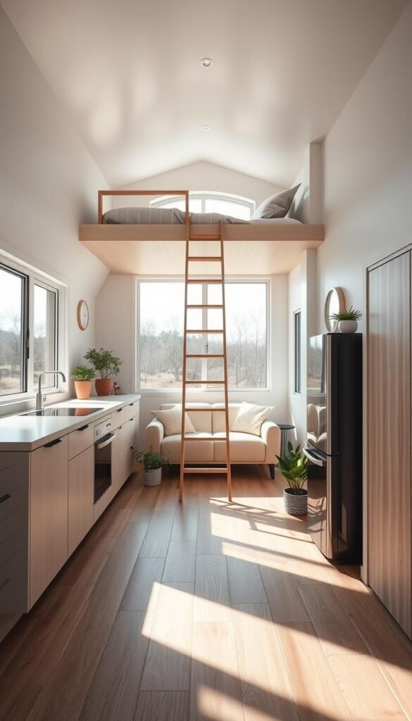 Minimalist tiny home design, featuring a sleek and open floor plan with clean lines and a neutral color palette. Sunlight streams through large windows, creating a bright and airy atmosphere. The interior showcases a compact kitchen with modern appliances, a cozy living area with a minimalist sofa, and a lofted sleeping space accessed by a simple wooden ladder. Smooth wood textures and natural elements like potted plants add warmth and texture, while the overall design exudes a sense of calm and simplicity. Captured from a low angle to emphasize the sense of spaciousness within the compact space. Minimalist tiny home design, featuring a sleek and open floor plan with clean lines and a neutral color palette. Sunlight streams through large windows, creating a bright and airy atmosphere. The interior showcases a compact kitchen with modern appliances, a cozy living area with a minimalist sofa, and a lofted sleeping space accessed by a simple wooden ladder. Smooth wood textures and natural elements like potted plants add warmth and texture, while the overall design exudes a sense of calm and simplicity. Captured from a low angle to emphasize the sense of spaciousness within the compact space.