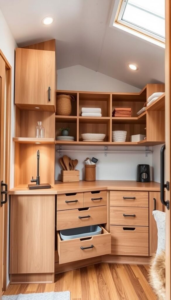 Tiny house storage solutions: a cozy, well-organized interior with cleverly designed modular shelves, drawers, and hidden compartments maximizing the limited space. Mid-century modern aesthetic, warm wood tones, and soft lighting create a minimalist, inviting atmosphere. The camera positioned at eye level, capturing the efficient layout and ergonomic details that enable seamless daily functionality in a compact footprint. Subtle textures, clean lines, and a sense of purposeful minimalism convey the ethos of tiny living. Tiny house storage solutions: a cozy, well-organized interior with cleverly designed modular shelves, drawers, and hidden compartments maximizing the limited space. Mid-century modern aesthetic, warm wood tones, and soft lighting create a minimalist, inviting atmosphere. The camera positioned at eye level, capturing the efficient layout and ergonomic details that enable seamless daily functionality in a compact footprint. Subtle textures, clean lines, and a sense of purposeful minimalism convey the ethos of tiny living.