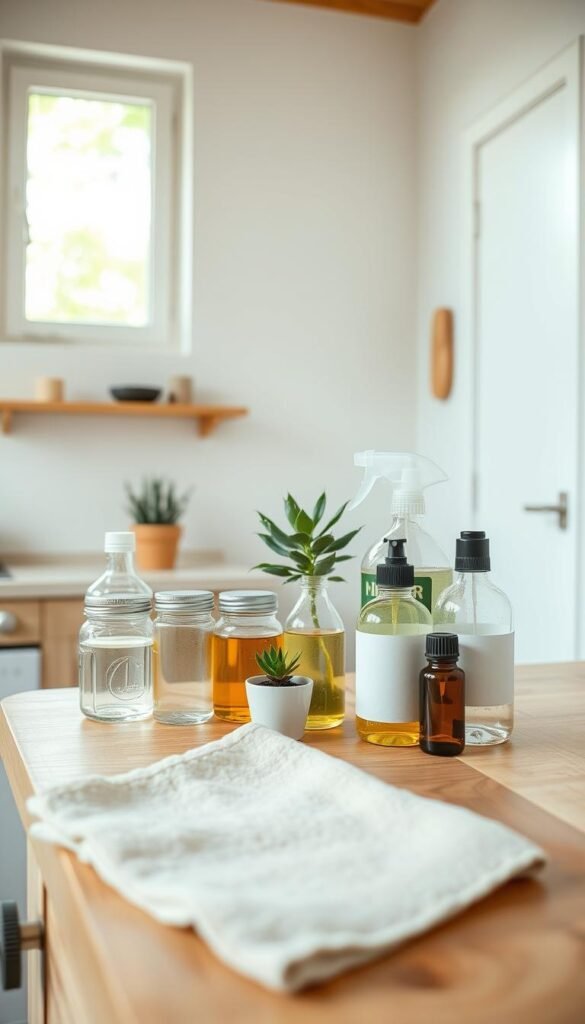 Vibrant, minimalist still life showcasing a variety of DIY green cleaning solutions in a tiny home. In the foreground, an assortment of glass jars and spray bottles filled with natural ingredients like vinegar, baking soda, and essential oils, neatly arranged on a wooden kitchen counter. The middle ground features a small potted plant and a soft, natural-fiber cleaning cloth. The background depicts a simple, airy room with natural light streaming in through a large window, creating a calming, eco-friendly atmosphere. The overall composition emphasizes the simplicity and practicality of homemade, sustainable cleaning alternatives for compact living spaces. Vibrant, minimalist still life showcasing a variety of DIY green cleaning solutions in a tiny home. In the foreground, an assortment of glass jars and spray bottles filled with natural ingredients like vinegar, baking soda, and essential oils, neatly arranged on a wooden kitchen counter. The middle ground features a small potted plant and a soft, natural-fiber cleaning cloth. The background depicts a simple, airy room with natural light streaming in through a large window, creating a calming, eco-friendly atmosphere. The overall composition emphasizes the simplicity and practicality of homemade, sustainable cleaning alternatives for compact living spaces.