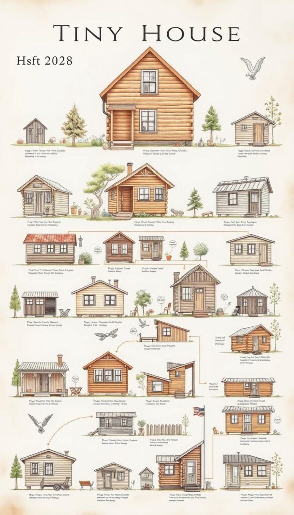 a detailed architectural illustration of tiny house history, showing the evolution of small living spaces through the ages, from simple log cabins to modern eco-friendly designs, with a focus on the key milestones and innovations that have shaped the tiny house movement over time. the image should have a warm, nostalgic color palette and a meticulous, technical drawing style, capturing the intricate details and craftsmanship of these diminutive dwellings. it should depict the tiny houses in a variety of settings, from rural landscapes to urban cityscapes, to convey the versatility and adaptability of the tiny house concept. the overall composition should feel scholarly and informative, guiding the viewer through the fascinating history of this sustainable and thoughtful approach to modern living. a detailed architectural illustration of tiny house history, showing the evolution of small living spaces through the ages, from simple log cabins to modern eco-friendly designs, with a focus on the key milestones and innovations that have shaped the tiny house movement over time. the image should have a warm, nostalgic color palette and a meticulous, technical drawing style, capturing the intricate details and craftsmanship of these diminutive dwellings. it should depict the tiny houses in a variety of settings, from rural landscapes to urban cityscapes, to convey the versatility and adaptability of the tiny house concept. the overall composition should feel scholarly and informative, guiding the viewer through the fascinating history of this sustainable and thoughtful approach to modern living.