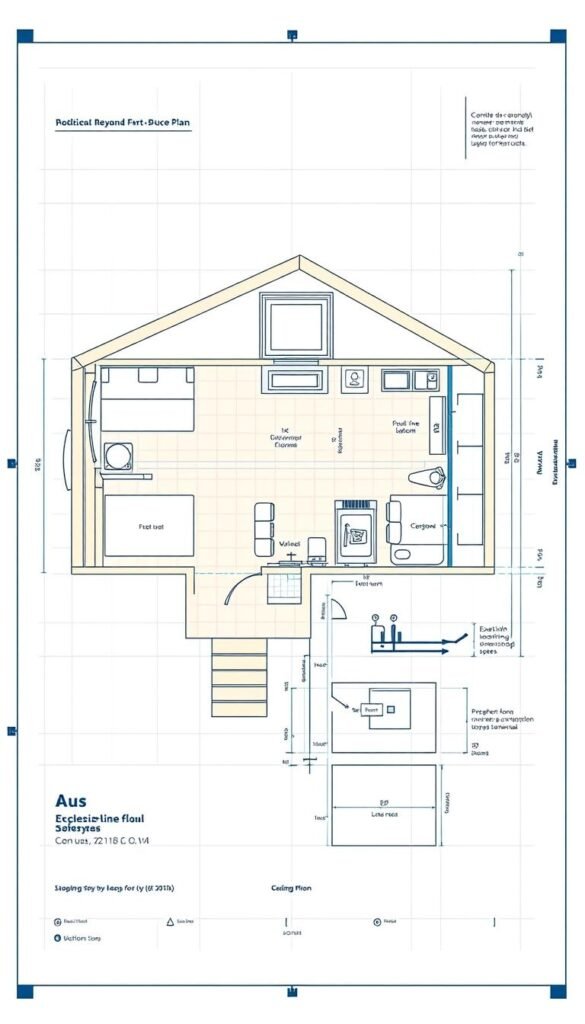 a detailed blueprint design for a tiny home, featuring a floor plan with precise measurements, room layouts, and architectural elements. The blueprint is presented in a clean, technical style with precise lines, grid patterns, and minimal color accents. The design showcases an efficient use of space, with a focus on functional and modular features that optimize the living experience in a compact footprint. The blueprint is rendered with a crisp, high-resolution quality, using a combination of line art, shading, and subtle technical annotations to convey the technical details of the tiny home's construction. a detailed blueprint design for a tiny home, featuring a floor plan with precise measurements, room layouts, and architectural elements. The blueprint is presented in a clean, technical style with precise lines, grid patterns, and minimal color accents. The design showcases an efficient use of space, with a focus on functional and modular features that optimize the living experience in a compact footprint. The blueprint is rendered with a crisp, high-resolution quality, using a combination of line art, shading, and subtle technical annotations to convey the technical details of the tiny home's construction.