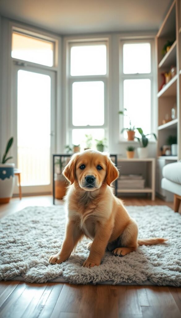 a small, well-lit studio apartment with natural light flooding through large windows, showcasing a cozy living space with minimalist decor. In the foreground, a medium-sized, fluffy golden retriever puppy sits contentedly on a soft, plush area rug, its friendly gaze capturing the viewer's attention. The dog's proportions and demeanor suggest it is the perfect companion for the compact living space. In the background, built-in shelves display carefully curated plants and trinkets, creating a harmonious and inviting atmosphere. The lighting is warm and diffused, lending a sense of comfort and coziness to the scene. The overall composition highlights the compatibility of the dog and the tiny living environment, suggesting that this furry friend is the ideal pet for this type of living situation. a small, well-lit studio apartment with natural light flooding through large windows, showcasing a cozy living space with minimalist decor. In the foreground, a medium-sized, fluffy golden retriever puppy sits contentedly on a soft, plush area rug, its friendly gaze capturing the viewer's attention. The dog's proportions and demeanor suggest it is the perfect companion for the compact living space. In the background, built-in shelves display carefully curated plants and trinkets, creating a harmonious and inviting atmosphere. The lighting is warm and diffused, lending a sense of comfort and coziness to the scene. The overall composition highlights the compatibility of the dog and the tiny living environment, suggesting that this furry friend is the ideal pet for this type of living situation.