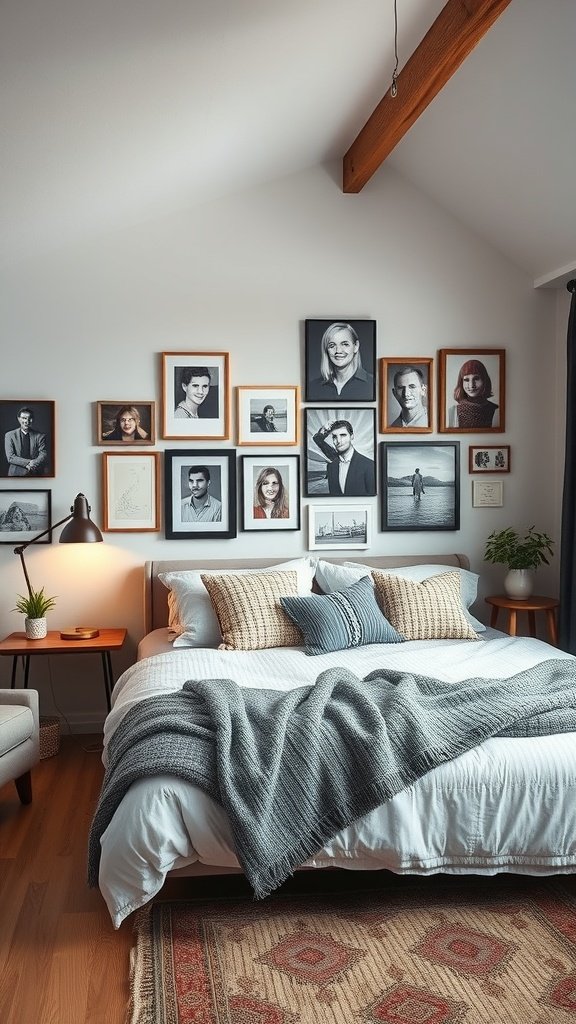 Cozy loft bedroom with a gallery wall of framed portraits and soft bedding.