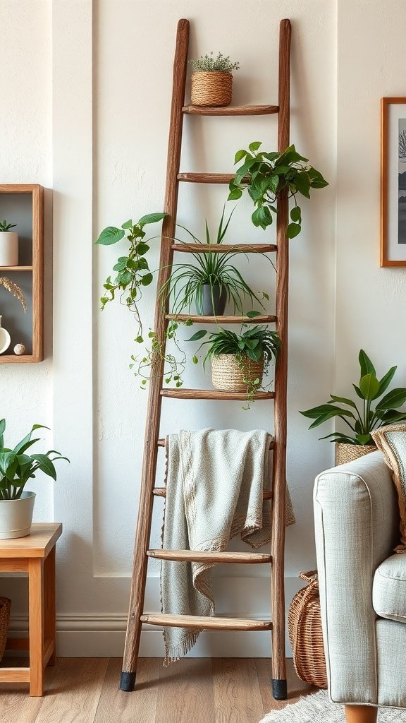 A wooden antique ladder displaying various potted plants and a cozy blanket, enhancing a rustic interior.