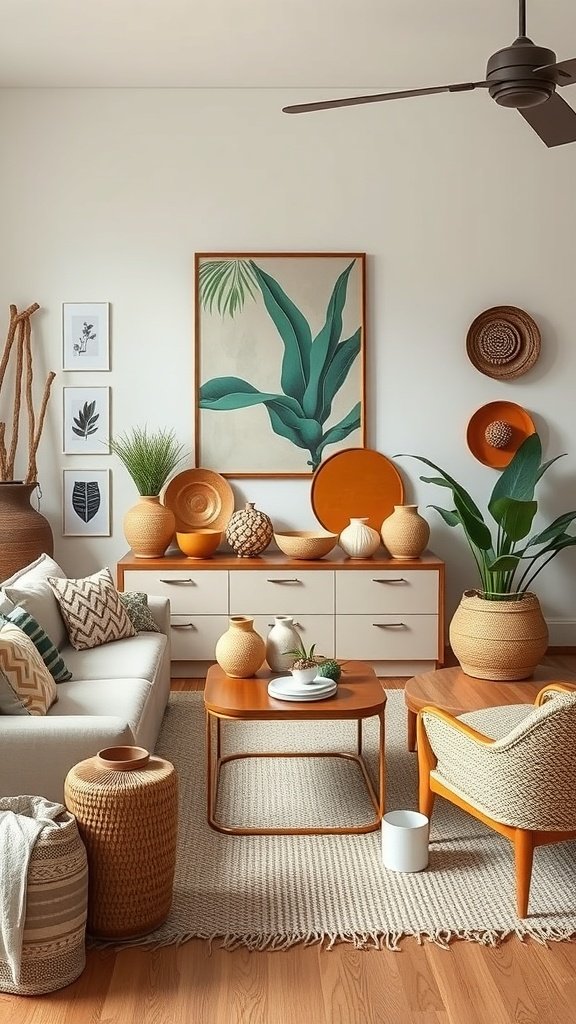 A cozy living room featuring artisan craftsmanship with natural materials, warm tones, and boho decor.
