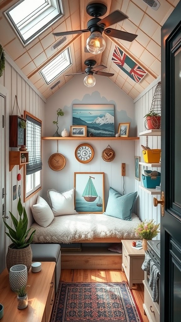 Cozy tiny house interior with artistic decor, skylights, and a nautical theme.