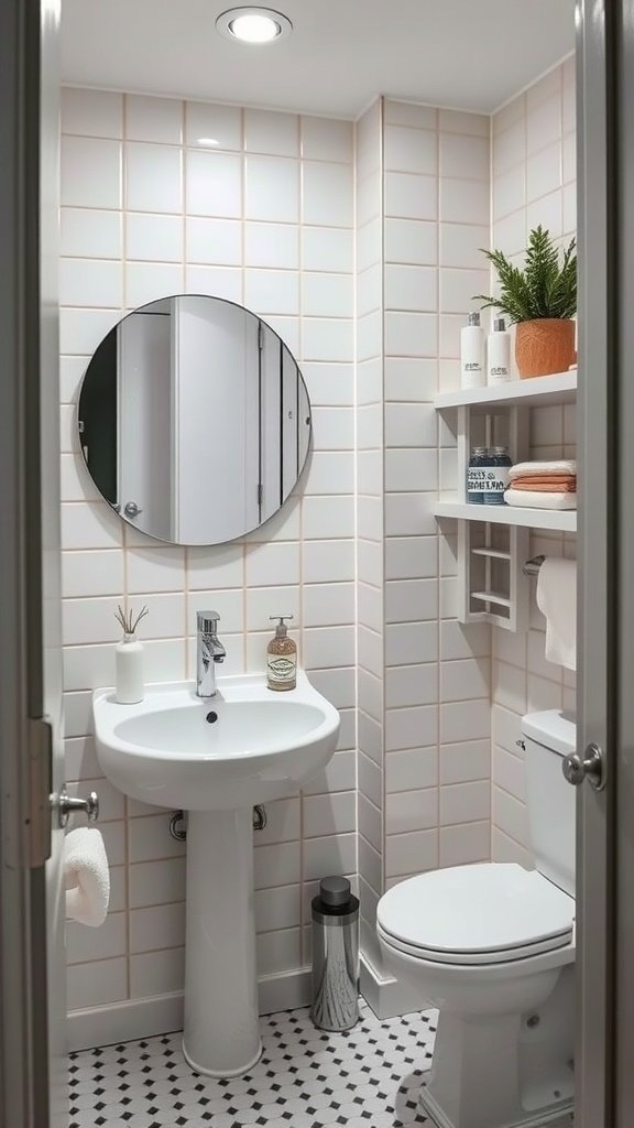 A modern bathroom with corner shelves holding towels and toiletries, featuring a round mirror and a plant.