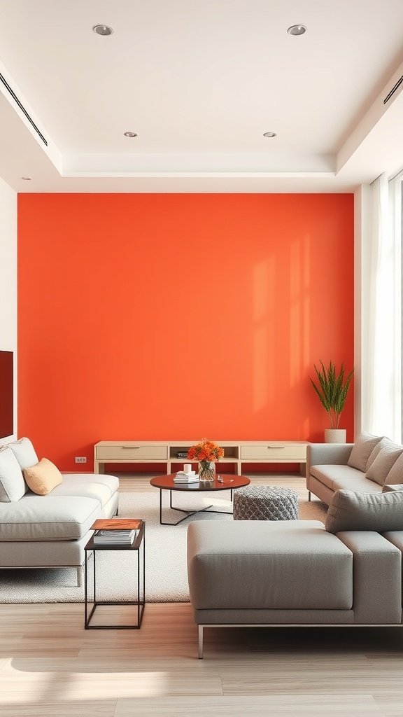 A minimalist living room featuring a bold orange accent wall, light gray sofas, and a round coffee table.