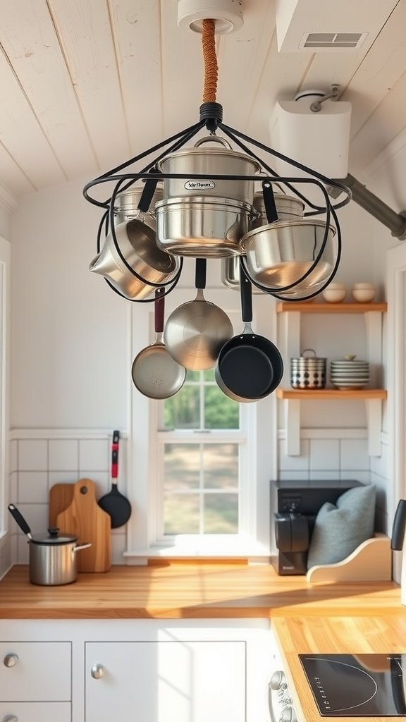 Ceiling-mounted rack with cooking pots in a tiny house kitchen