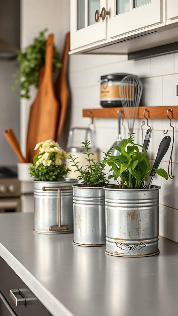 Three galvanized metal containers with plants on a kitchen counter