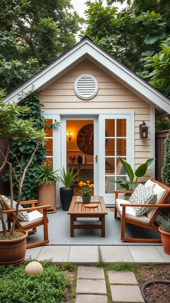 Cozy outdoor living area with seating and plants in front of a tiny house.