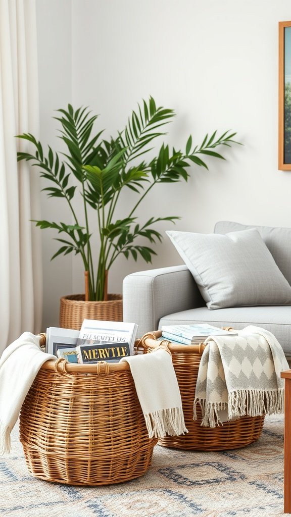 Two woven baskets filled with blankets and magazines, placed beside a couch in a cozy living room.