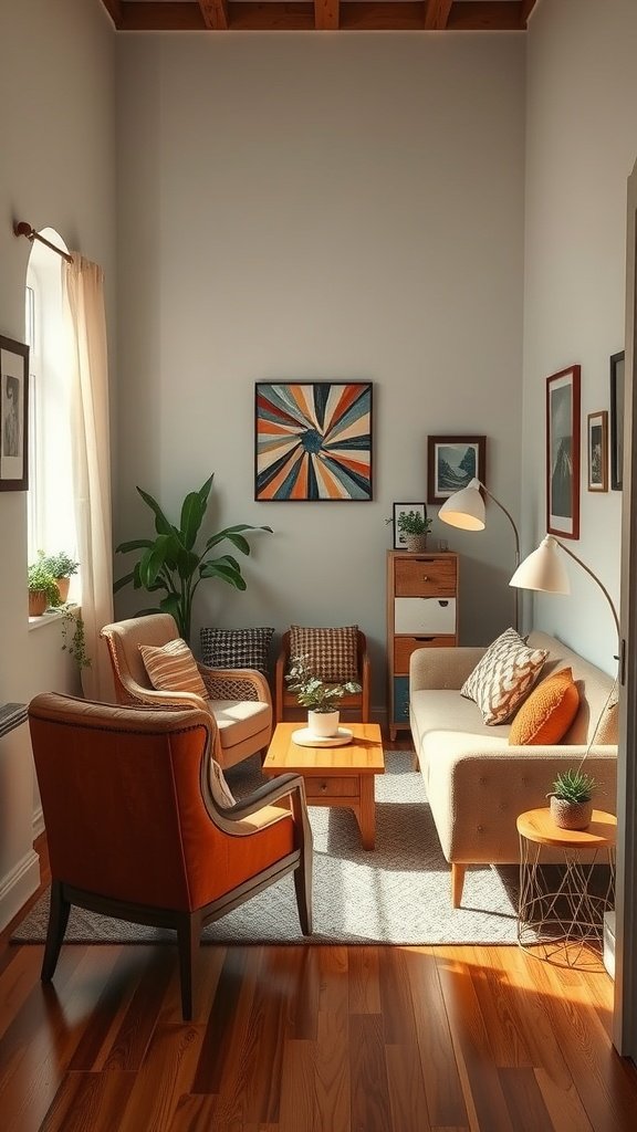 A cozy living room with a mix of comfortable seating, including a sofa and armchairs, in a boho style.
