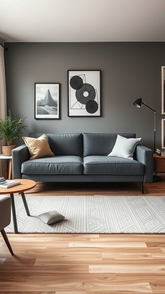 A modern convertible sofa bed in a stylish living room, featuring throw pillows and a cozy atmosphere.