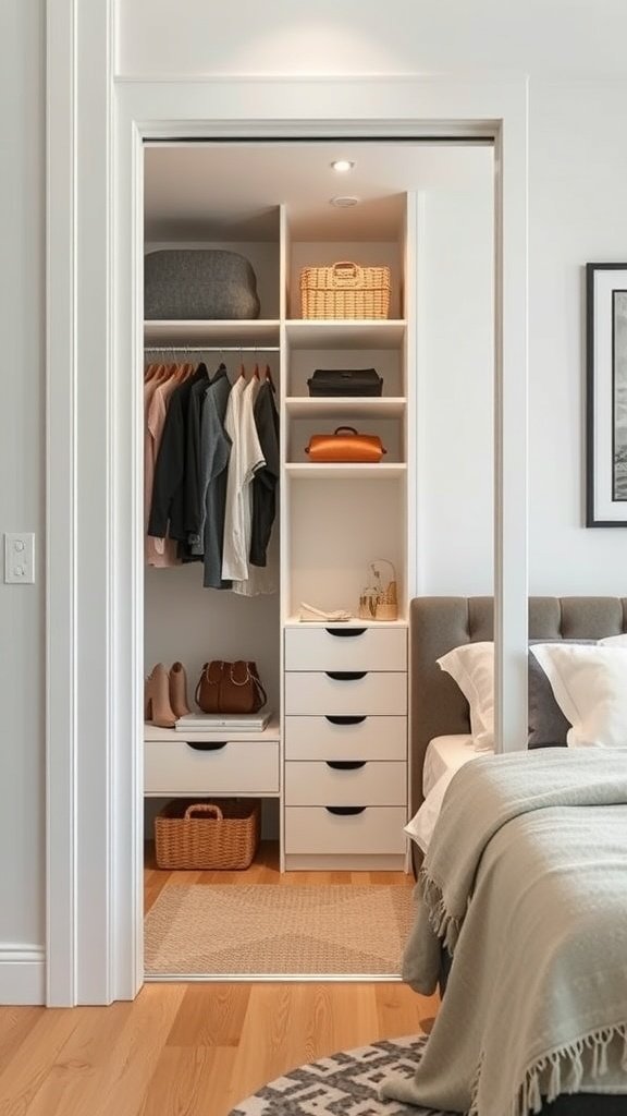 A well-organized corner closet in a tiny home with shelves and drawers.