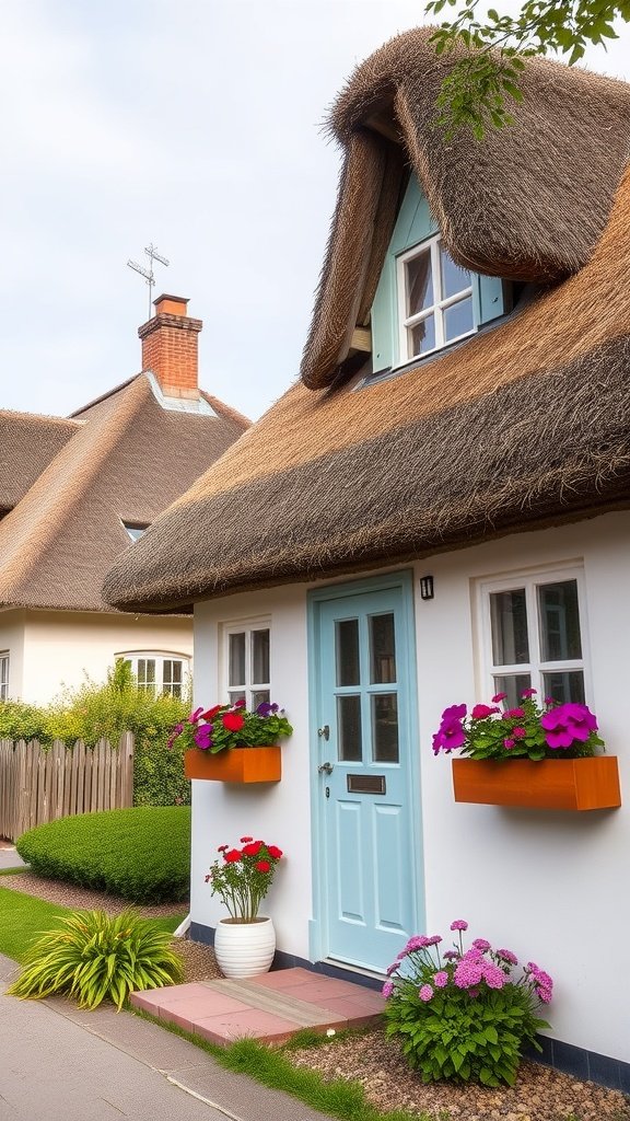 A charming cottage-style tiny house with a thatched roof, blue door, and colorful flower boxes.