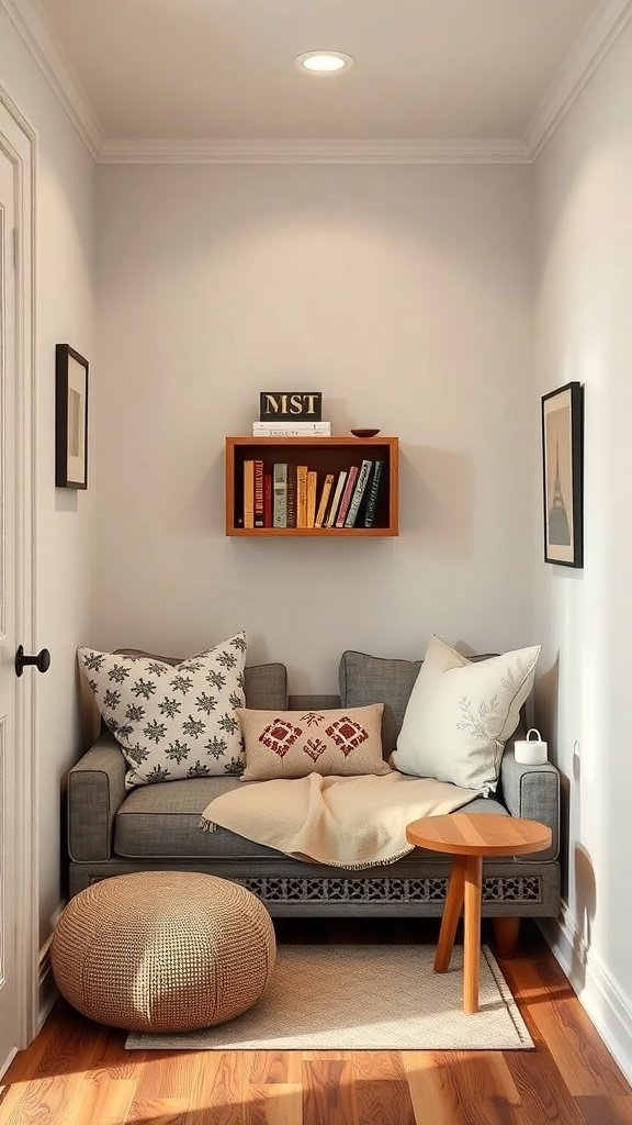 A cozy nook in a tiny house featuring a gray sofa with patterned pillows, a small wooden table, and a knitted pouf.