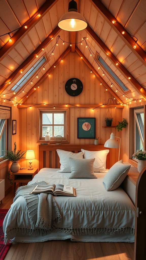 Cozy tiny house bedroom with warm lighting and wooden decor