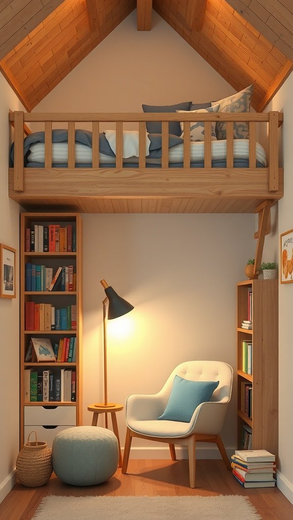Cozy reading nook beneath a loft in a tiny house bedroom, featuring a comfortable chair, lamp, and bookshelves.