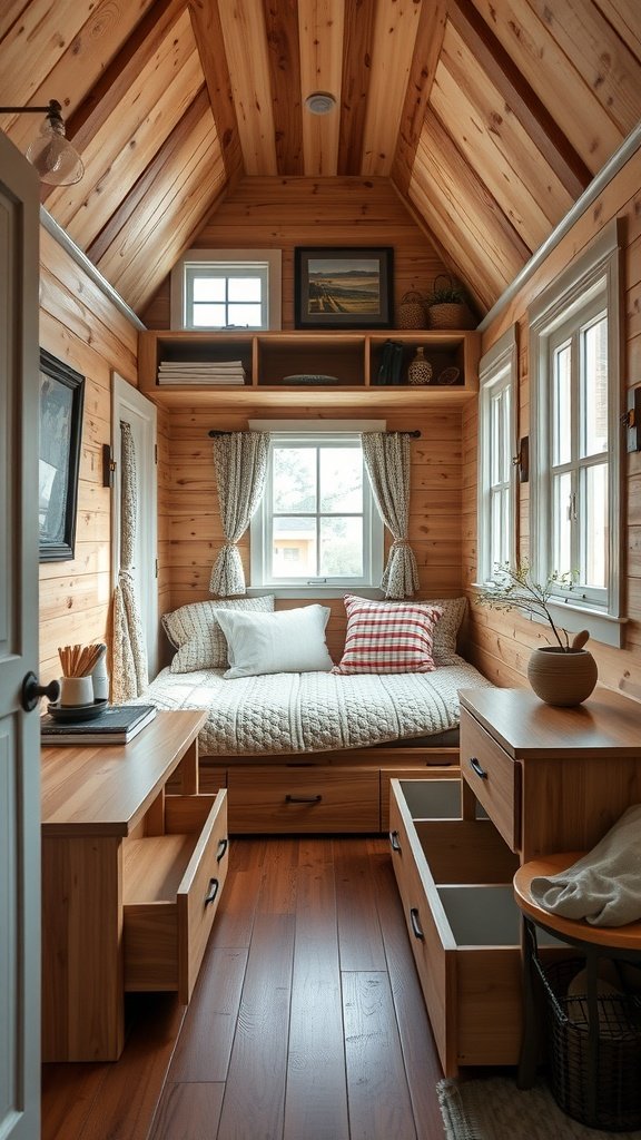 A cozy tiny house interior featuring a bed with storage drawers underneath and a desk with built-in storage.