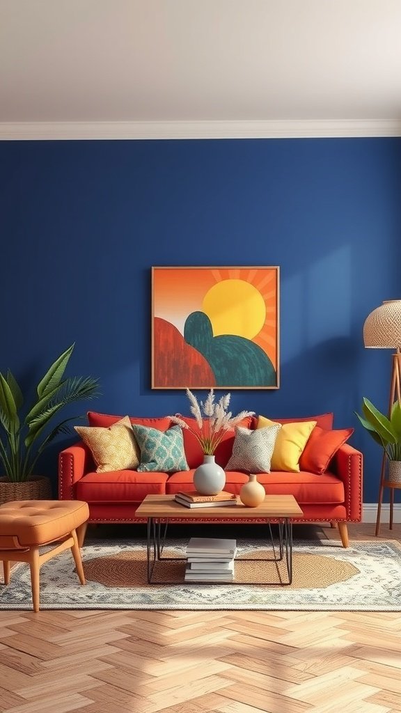 A colorful boho living room featuring a blue wall, orange sofa, and vibrant decor.