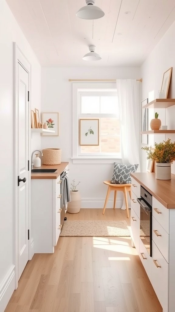 A bright, minimalist kitchen with white cabinets, wooden countertops, and a few decorative plants.