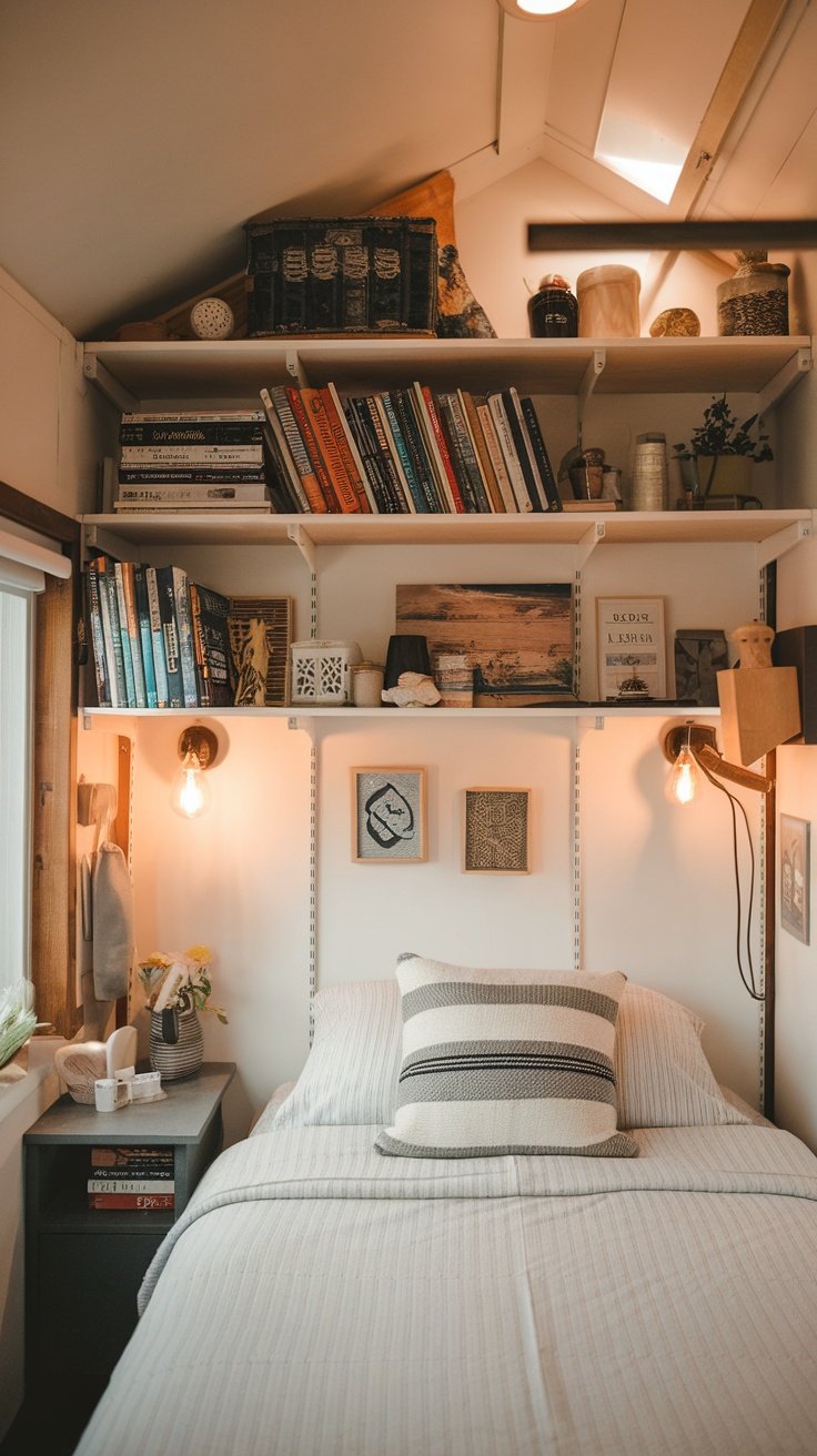 A cozy tiny house bedroom featuring open shelving above the bed, filled with books, plants, and decorative items.