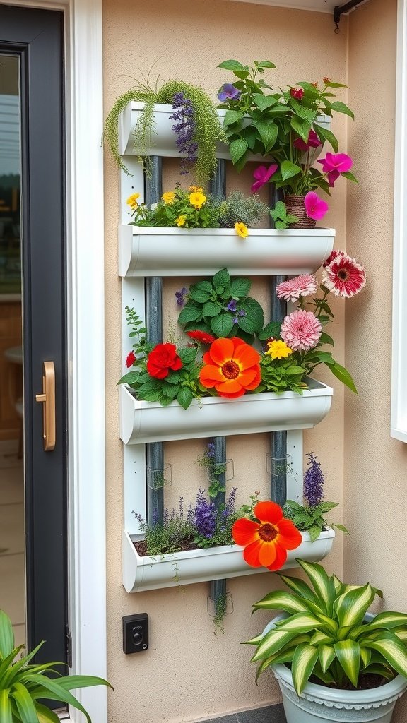A vertical garden made with gutter planters, featuring colorful flowers and greenery against a wall.