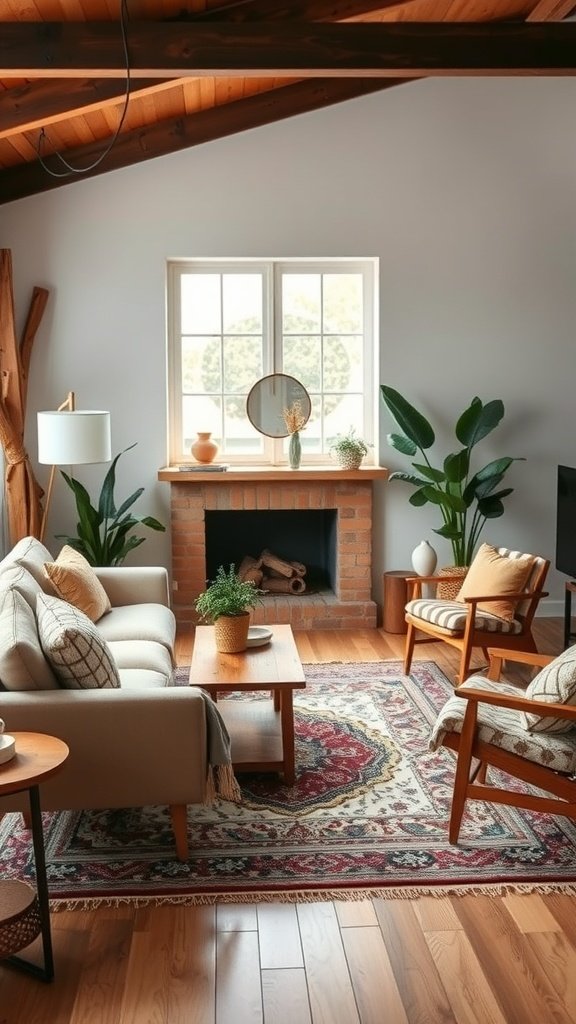 Cozy mid-century living room with earthy textiles and boho decor