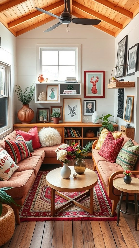 A cozy mid-century tiny house living room featuring eclectic accessories, colorful pillows, and a gallery wall of artwork.