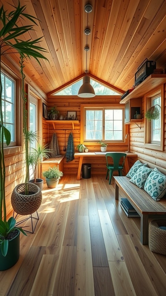 Interior of a tiny house featuring wooden walls, a cozy seating area, and plants.