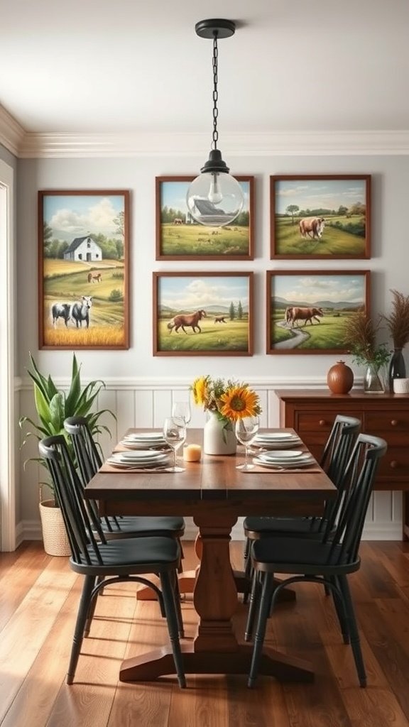 A cozy dining area featuring rustic farmhouse wall art with paintings of farm animals and landscapes.