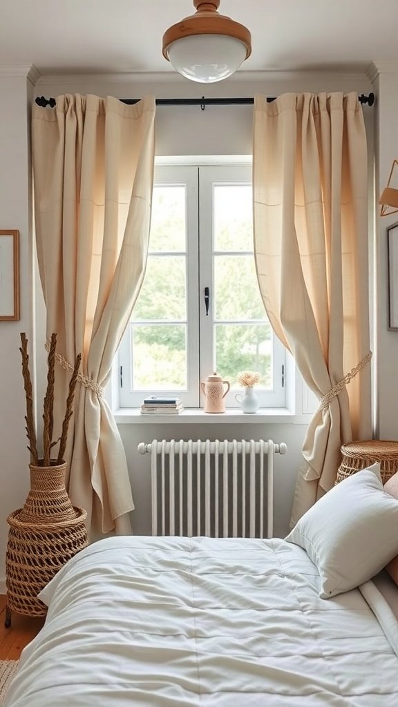 A cozy bedroom with light curtains framing a window, showcasing a rustic farmhouse style.