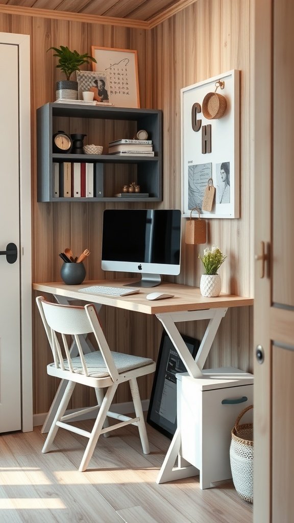 A stylish foldable corner desk in a tiny home, featuring a computer, decorative items, and a cozy chair.