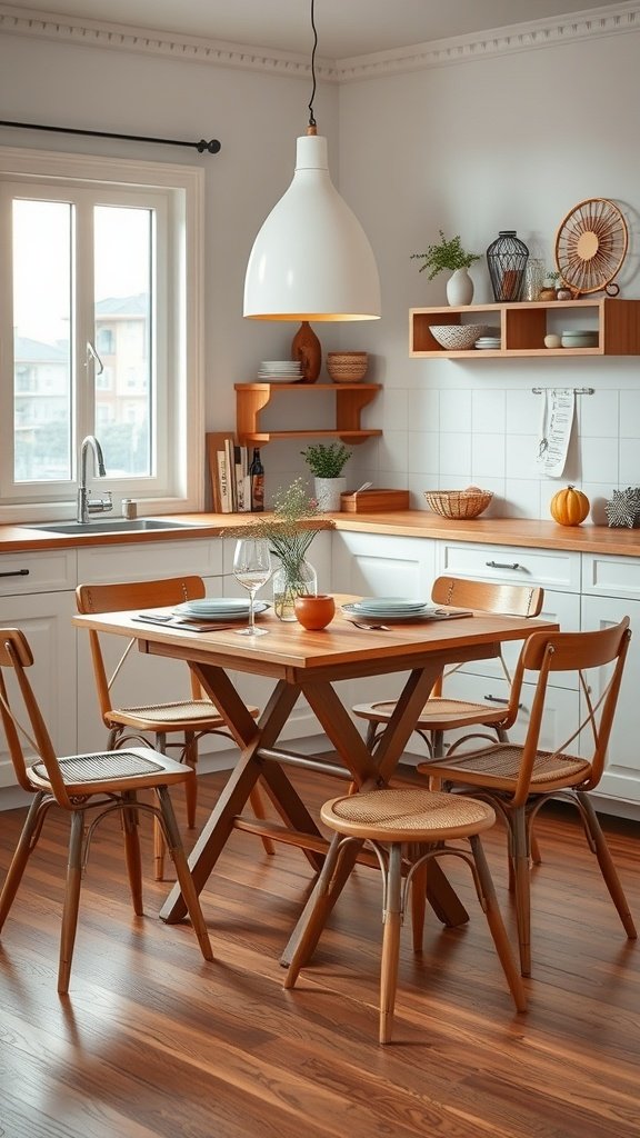 A cozy kitchen featuring a foldable dining table with wooden chairs, perfect for small spaces.