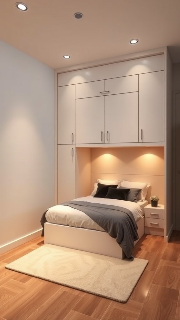A modern foldaway Murphy bed integrated into a wall unit with storage cabinets above.