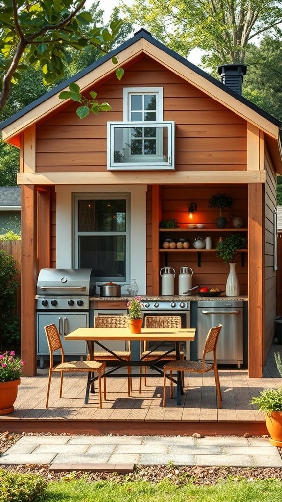 Charming outdoor kitchen with grill, counter space, and seating area in a tiny home setting.