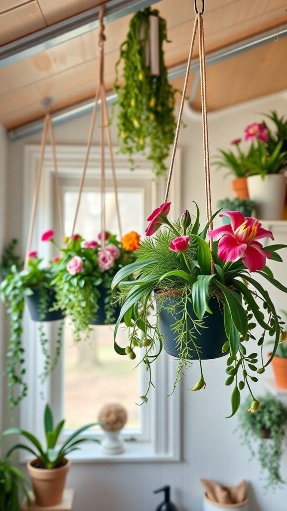 Colorful hanging planters with flowers and greenery in a bright room