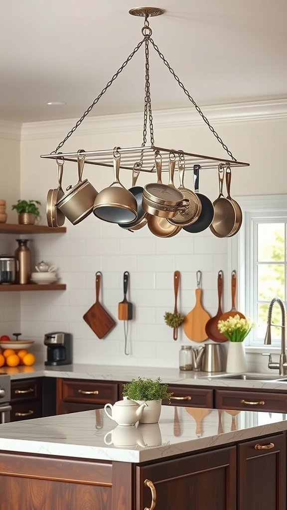 A hanging pot rack with various pots in a modern kitchen