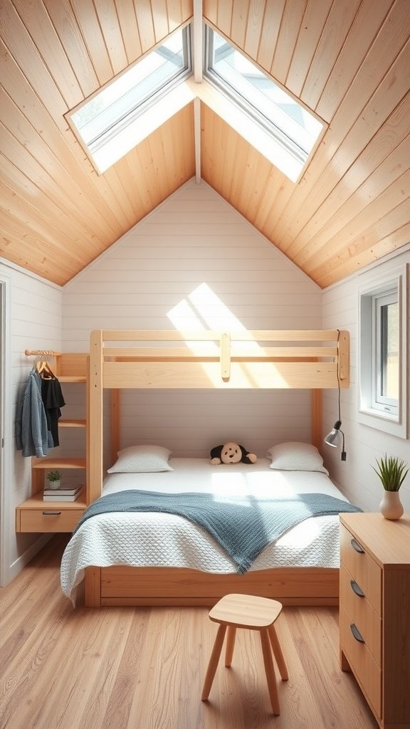 Cozy tiny house bedroom with skylights and wooden decor