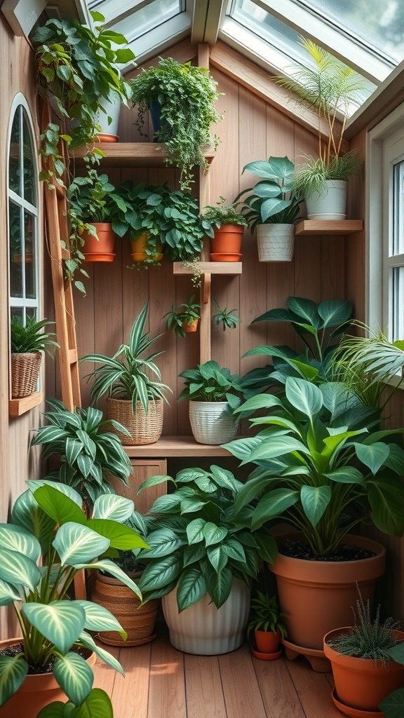 A cozy nook filled with various plants in pots, showcasing a green and inviting atmosphere.