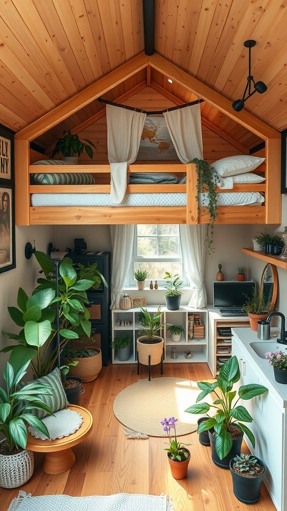 Cozy tiny house bedroom with lofted bed and various indoor plants