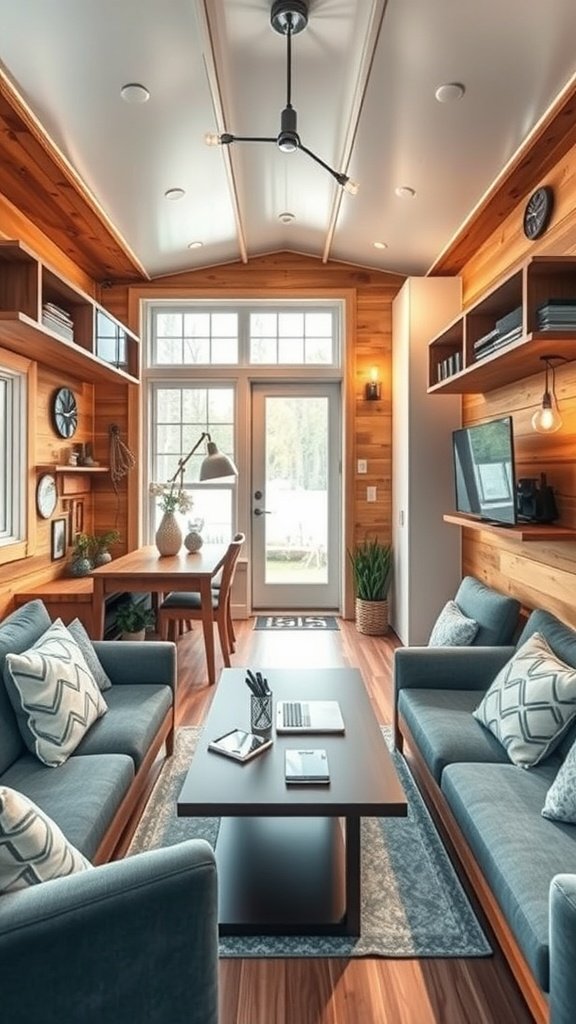 A cozy tiny house living room featuring wooden accents, modern furniture, and smart home technology.