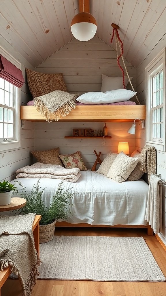 Cozy tiny house bedroom with soft textiles, layered bedding, and plants