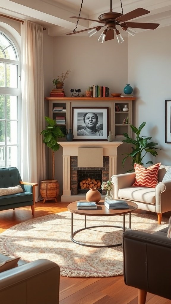 A cozy mid-century living room featuring vintage furniture, plants, and a warm color palette.