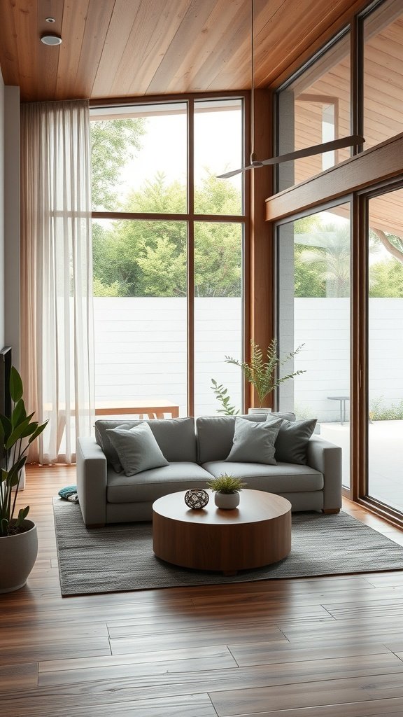 A minimalist living room with large windows, a light wood ceiling, and a cozy sofa, showcasing an indoor-outdoor flow.
