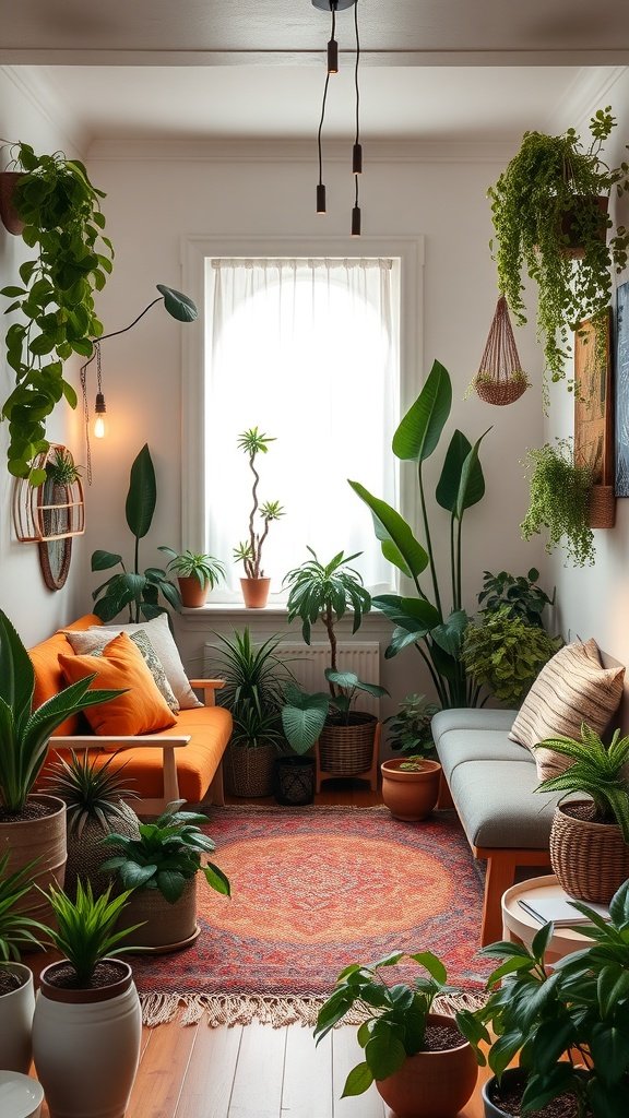 A cozy mid-century tiny living room filled with various indoor plants, featuring an orange couch and a mix of greenery.