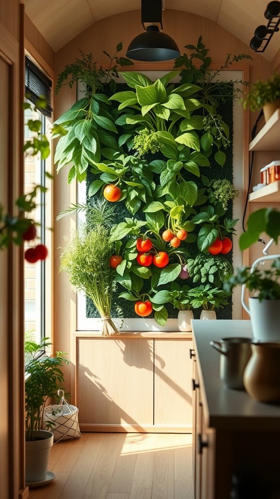 Indoor vertical hydroponic system with various plants and tomatoes on a wall