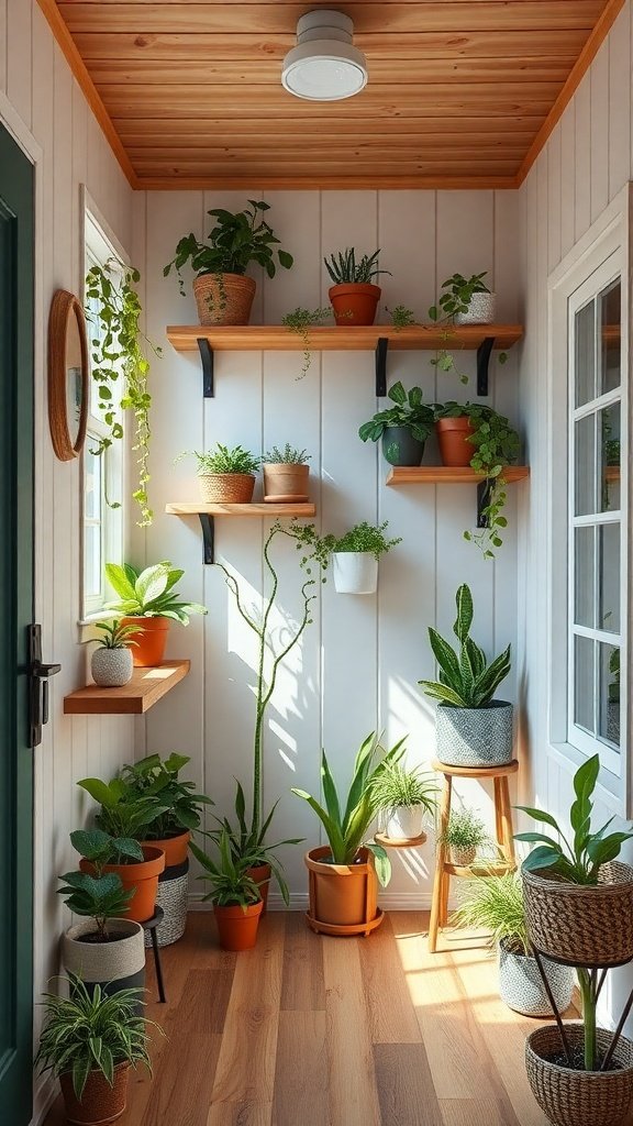 A cozy corner with wooden shelves filled with potted plants, showcasing innovative use of vertical space in a tiny house.